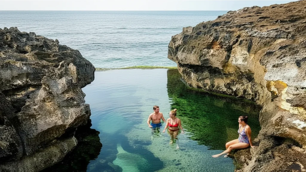 Scenic low tide view looking out towards the open Indian ocean from angel billabong nusa penida