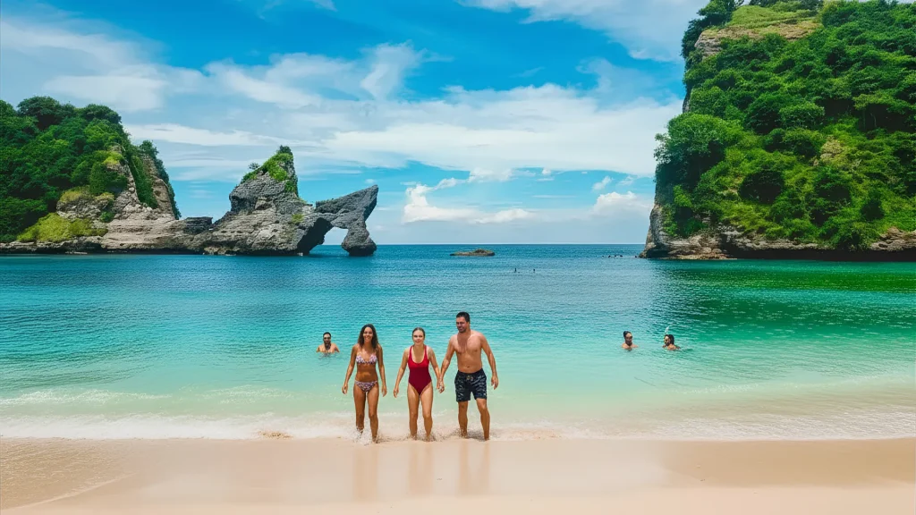 The famous hollow rock arch island standing in the ocean near atuh beach nusa penida