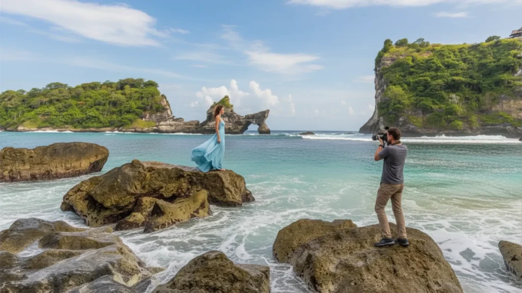 Relaxing beach landscape with colorful dress of model at atuh beach nusa penida