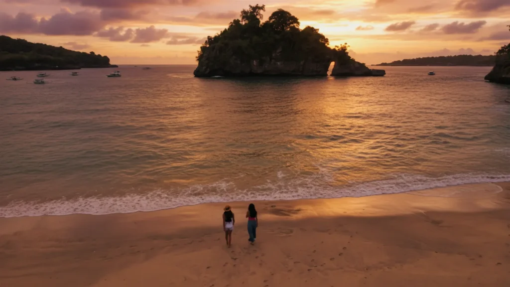 Spectacular sunset golden hour over the peaceful beach horizon at crystal bay nusa penida