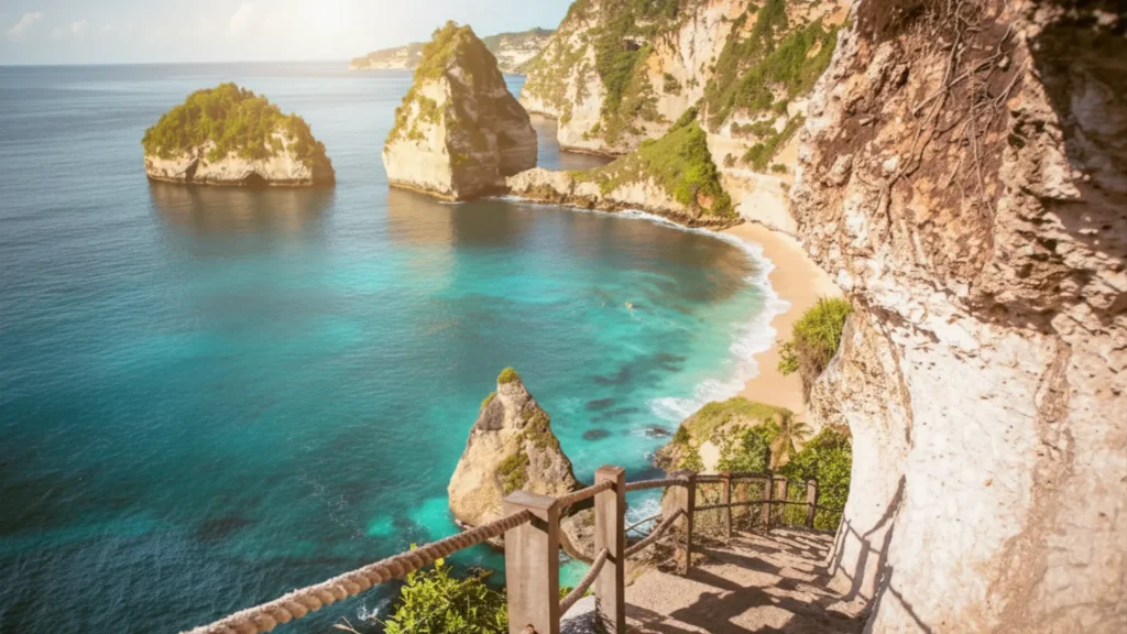 Stunning white staircase carved into the cliff at Diamond Beach during an East Nusa Penida tour