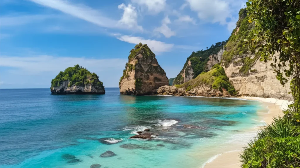 Stunning diamond shaped limestone rock structures rising from the sea at diamond beach nusa penida