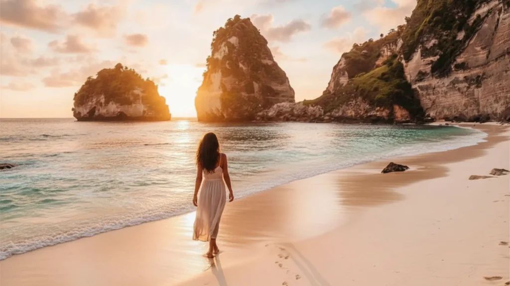 Beach perspective of the pristine turquoise bay and white sands at diamond beach nusa penida