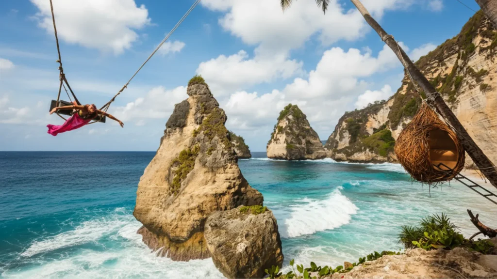 Famous tropical swing spot overlooking the dramatic coastal waves at diamond beach nusa penida