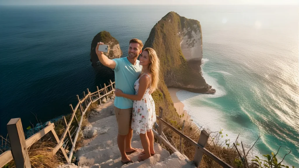 Panoramic coastal scenery of Kelingking Beach on the West Nusa Penida tour and Mix Nusa Penida tour itinerary