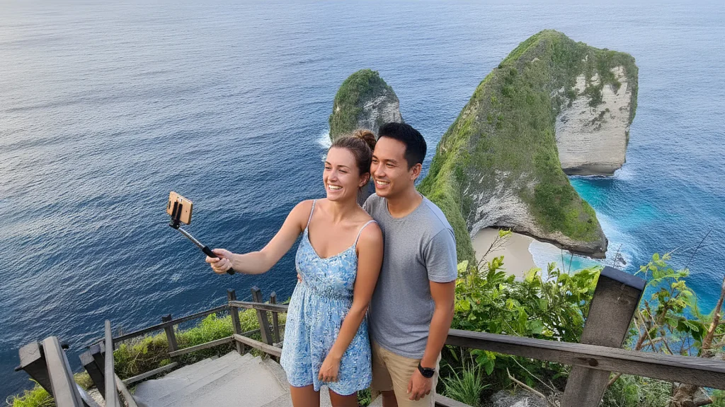 The dramatic T-Rex shaped cliff and deep blue ocean view at kelingking beach nusa penida