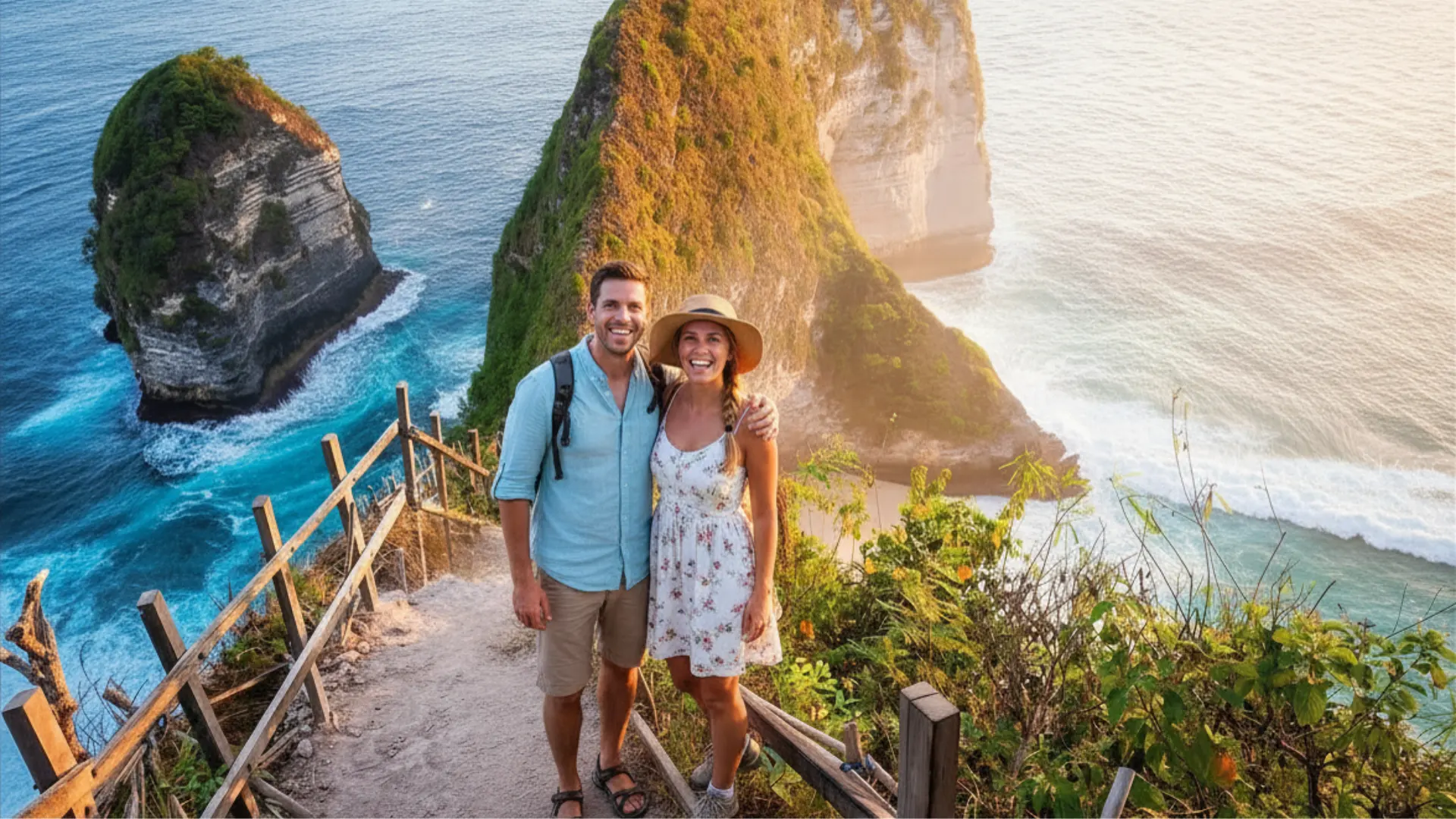 Beautiful sunny day outlook over the world-famous viewpoint of kelingking beach nusa penida