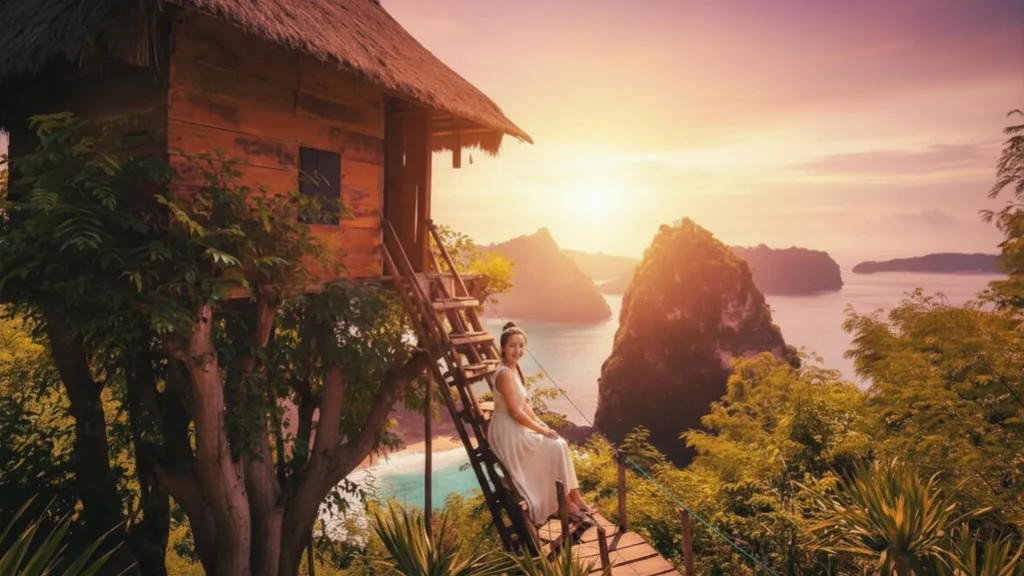 Scenic viewpoint from the rustic wooden stairs of the iconic tree house nusa penida
