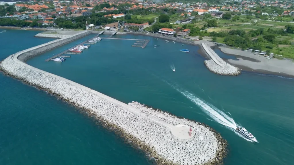 Aerial drone view of Sanur harbor during the morning clear sky, illustrating the best time to take a fast boat from sanur