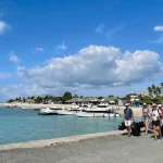 Tourists gathering at the pier preparing to board their fast boat at banjar nyuh harbour